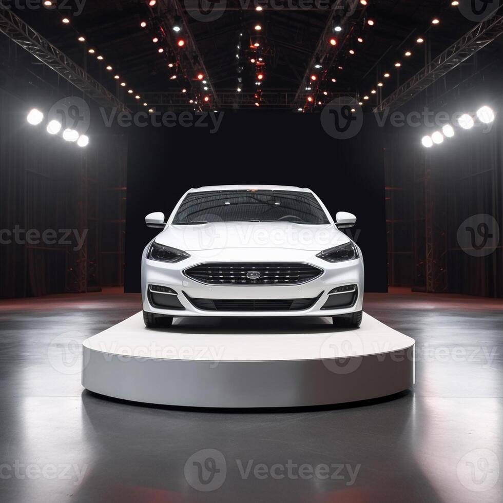 View of a generic and brand less modern car on the presentation stage background photo