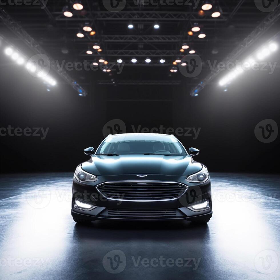 View of a generic and brand less modern car on the presentation stage background photo