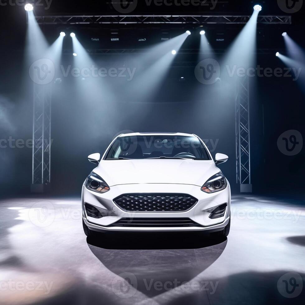 View of a generic and brand less modern car on the presentation stage background photo