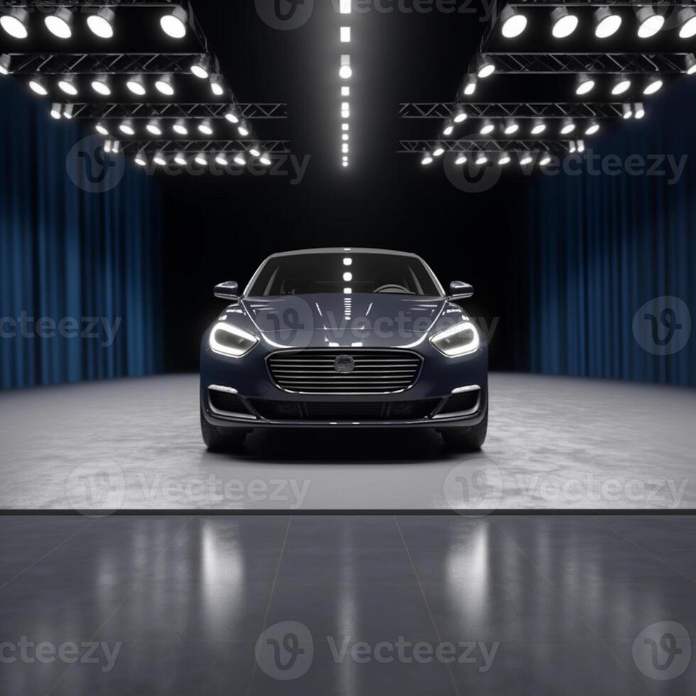 View of a generic and brand less modern car on the presentation stage background photo