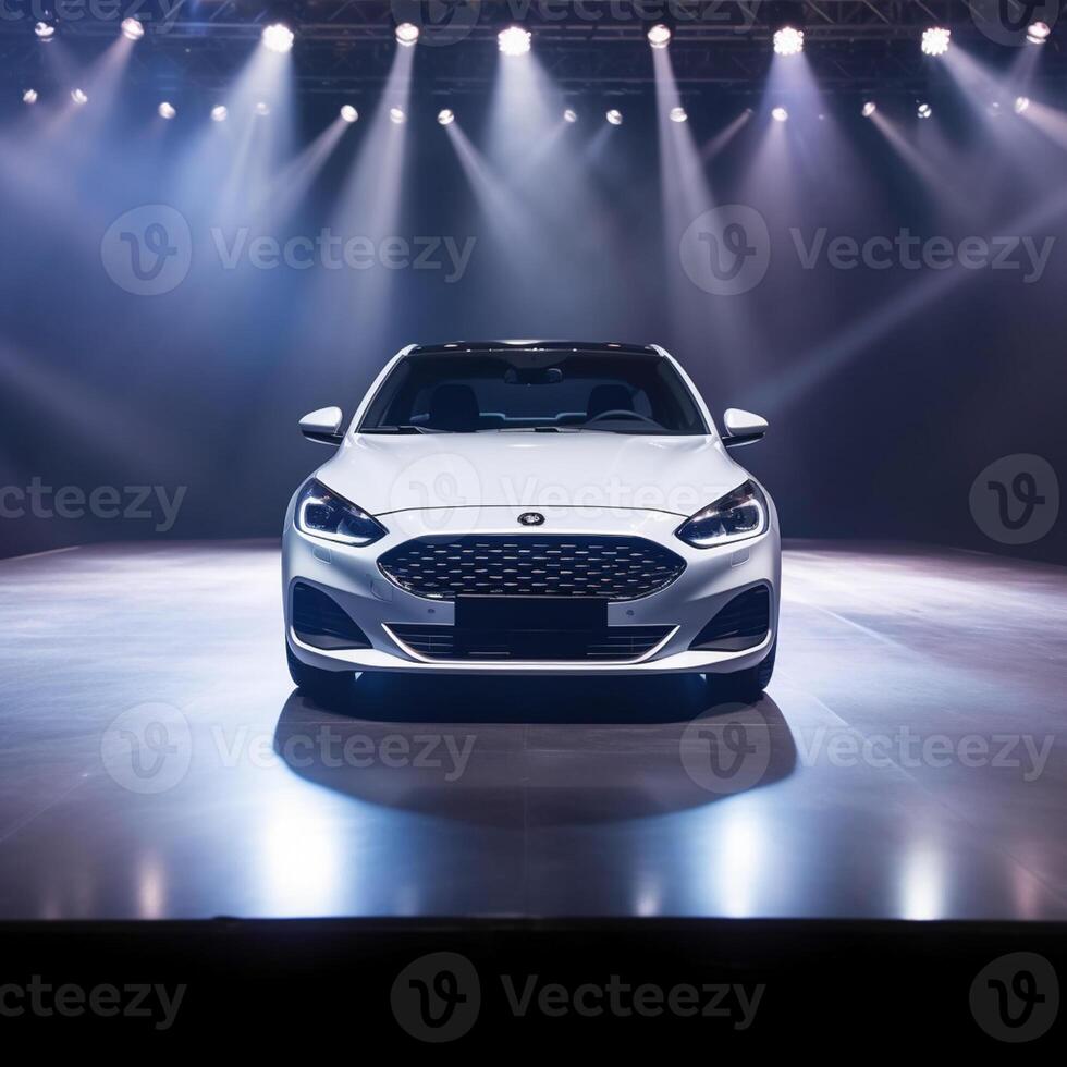 View of a generic and brand less modern car on the presentation stage background photo