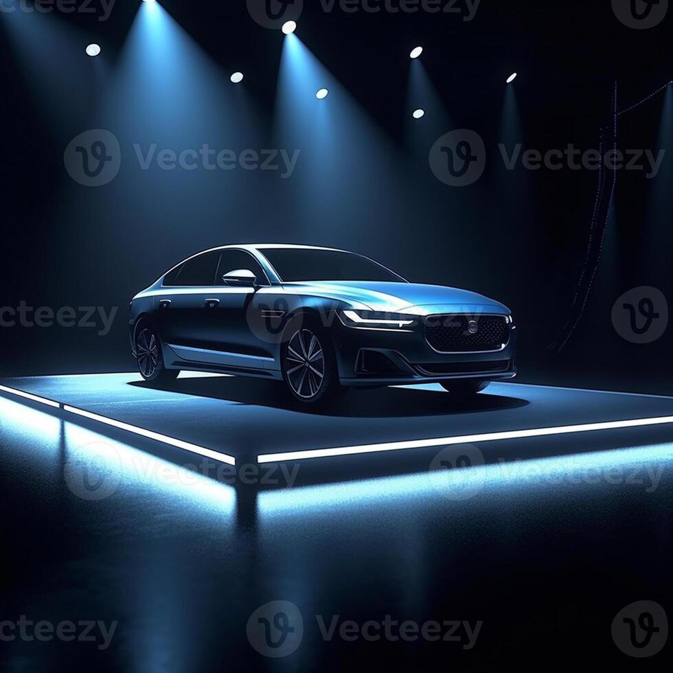 View of a generic and brand less modern car on the presentation stage background photo