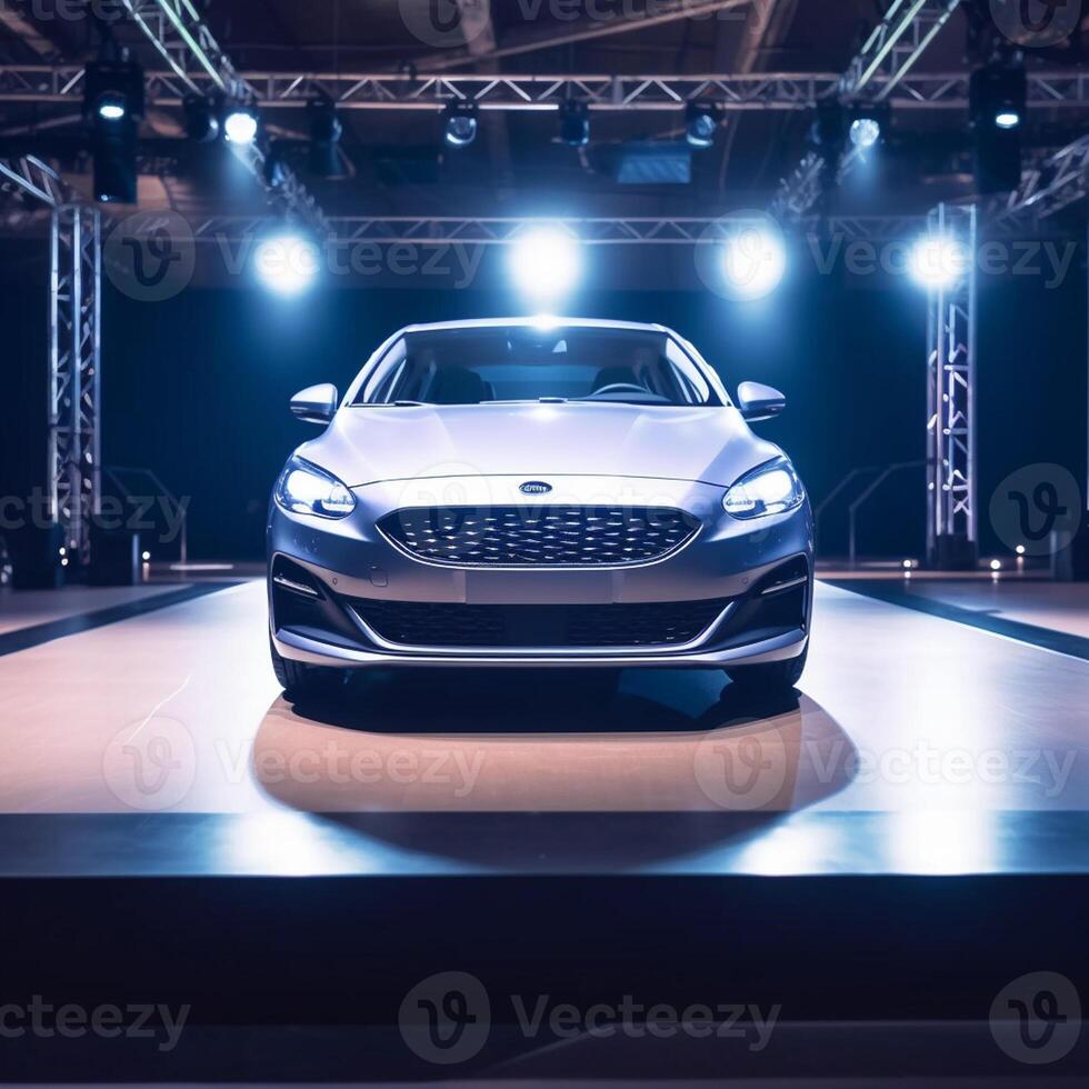 View of a generic and brand less modern car on the presentation stage background photo