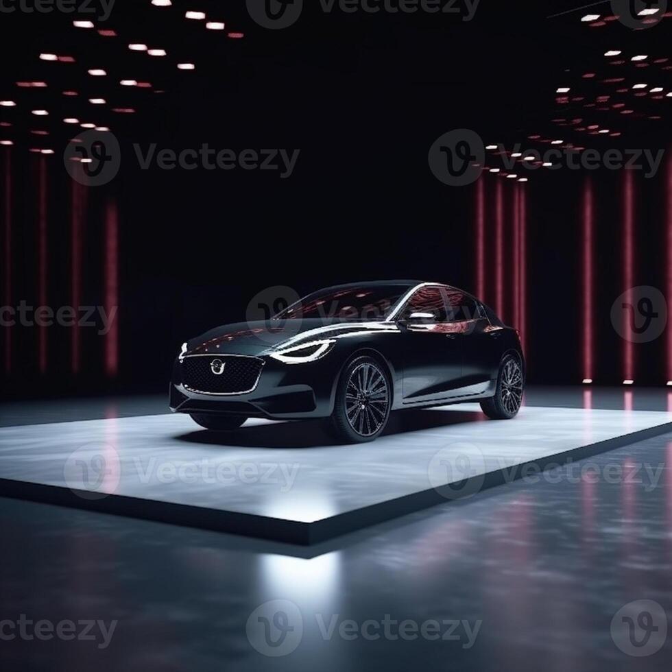 View of a generic and brand less modern car on the presentation stage background photo