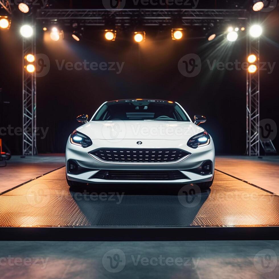 View of a generic and brand less modern car on the presentation stage background photo