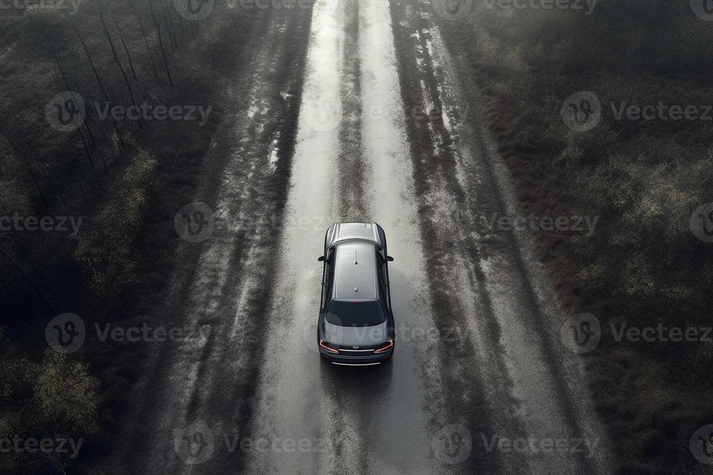 ai generativo aéreo ver de un coche en el la carretera foto