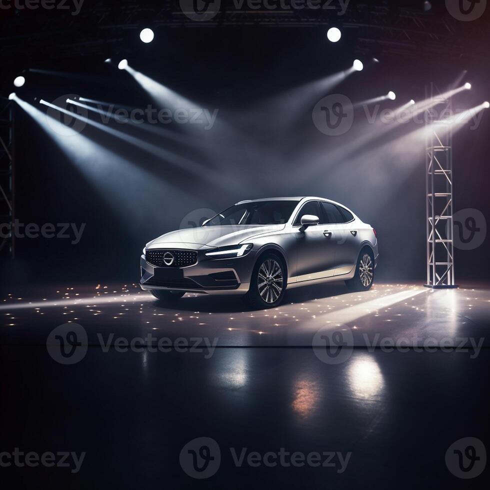 View of a generic and brand less modern car on the presentation stage background photo