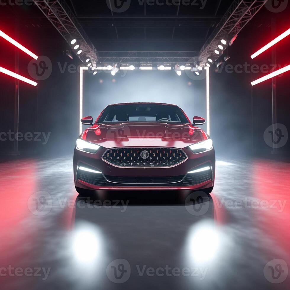 View of a generic and brand less modern car on the presentation stage background photo