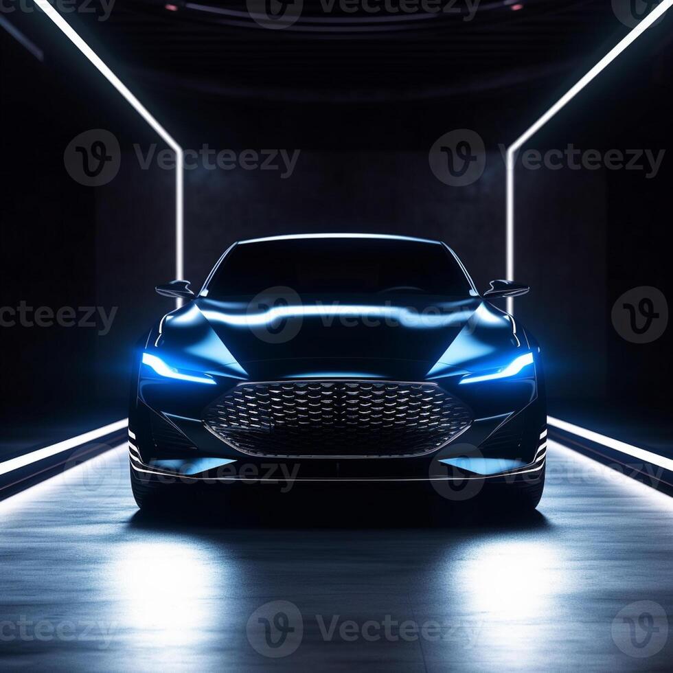 View of a generic and brand less modern car on the presentation stage background photo