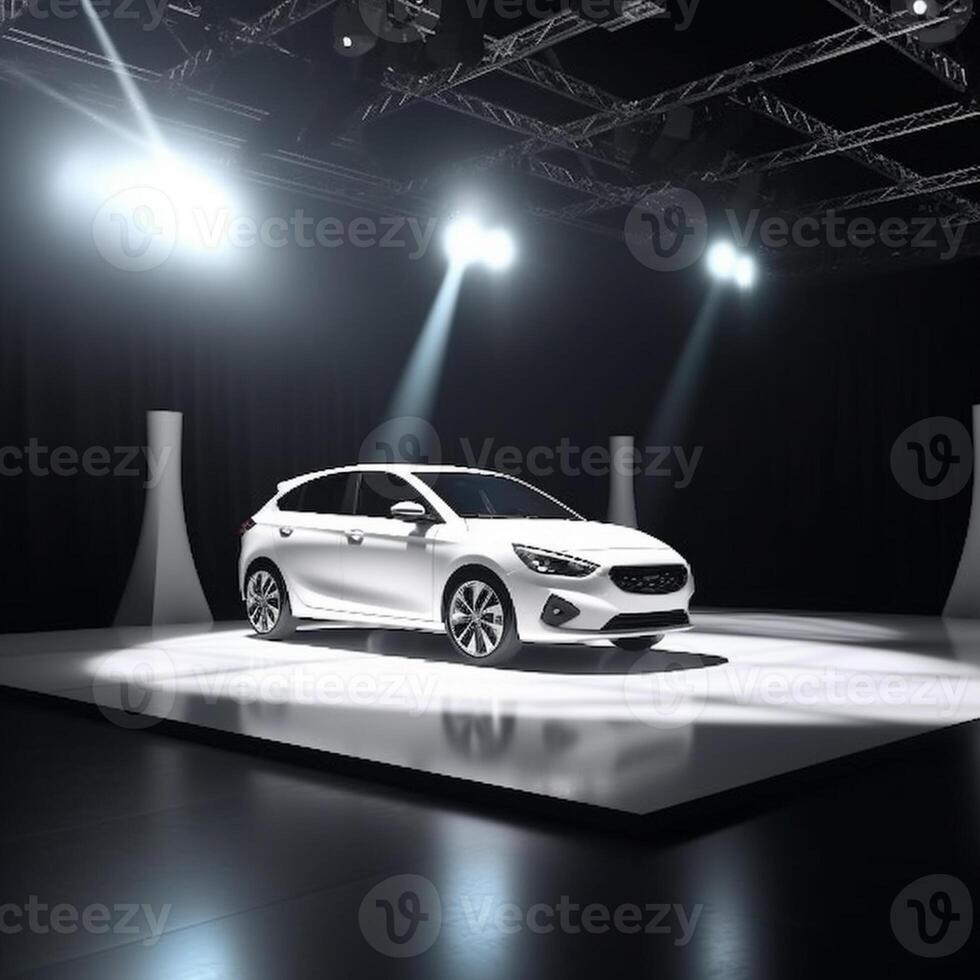 View of a generic and brand less modern car on the presentation stage background photo