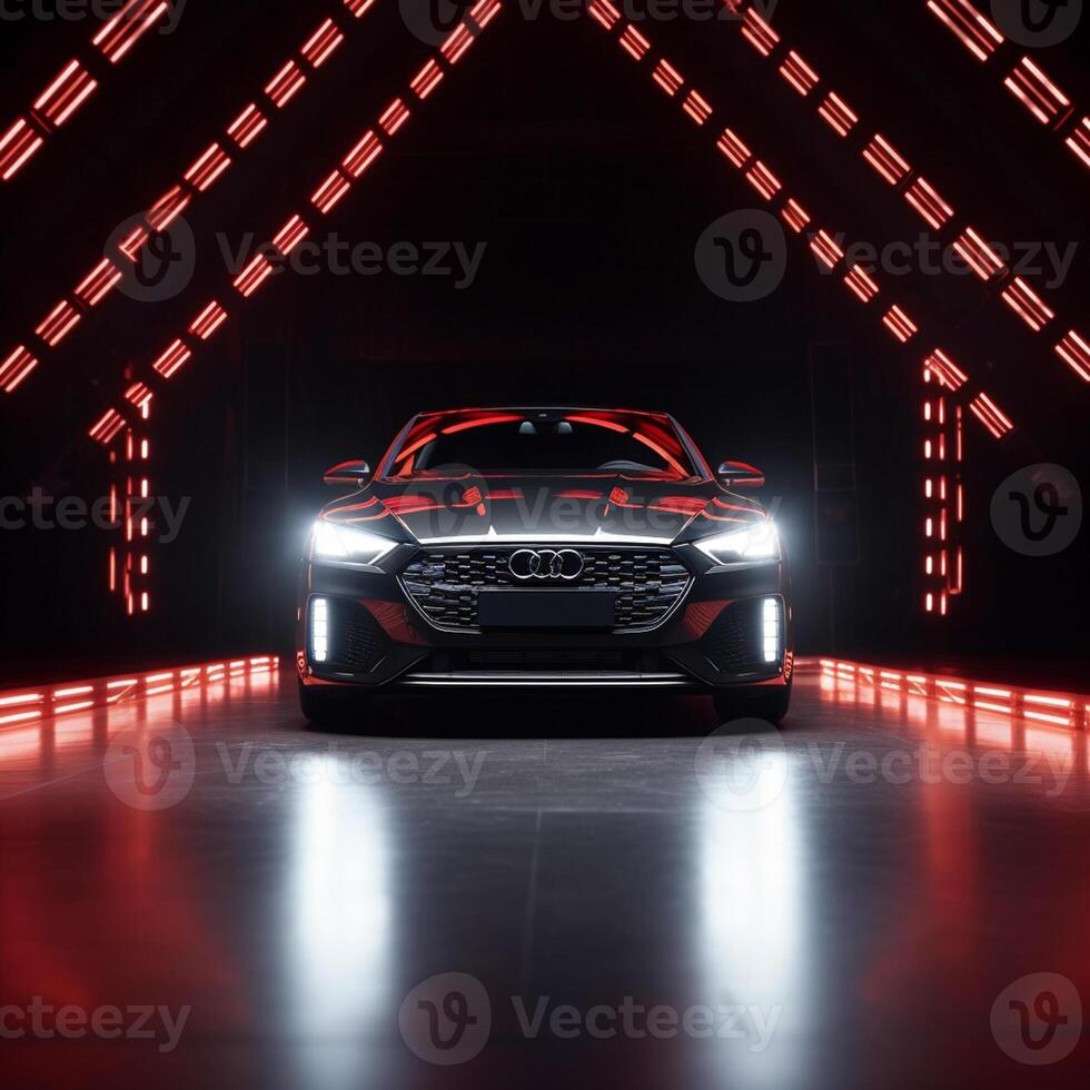 View of a generic and brand less modern car on the presentation stage background photo