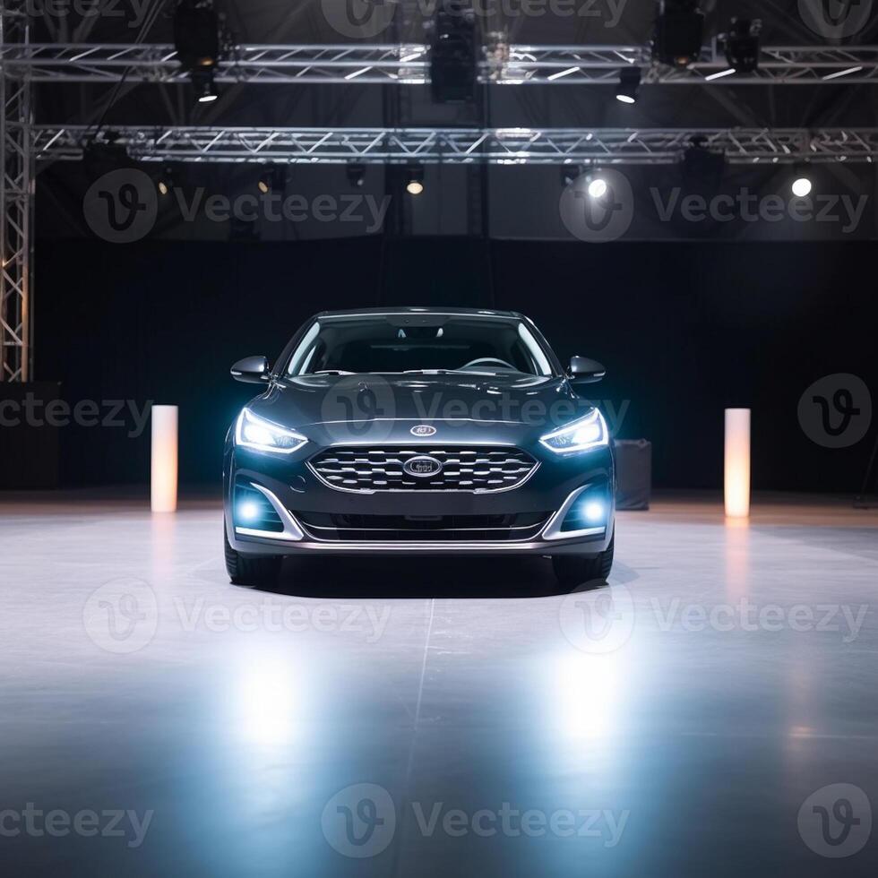 View of a generic and brand less modern car on the presentation stage background photo