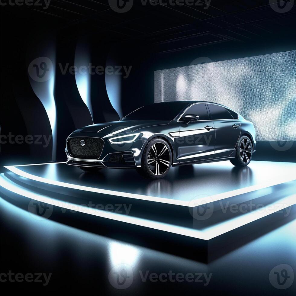 View of a generic and brand less modern car on the presentation stage background photo
