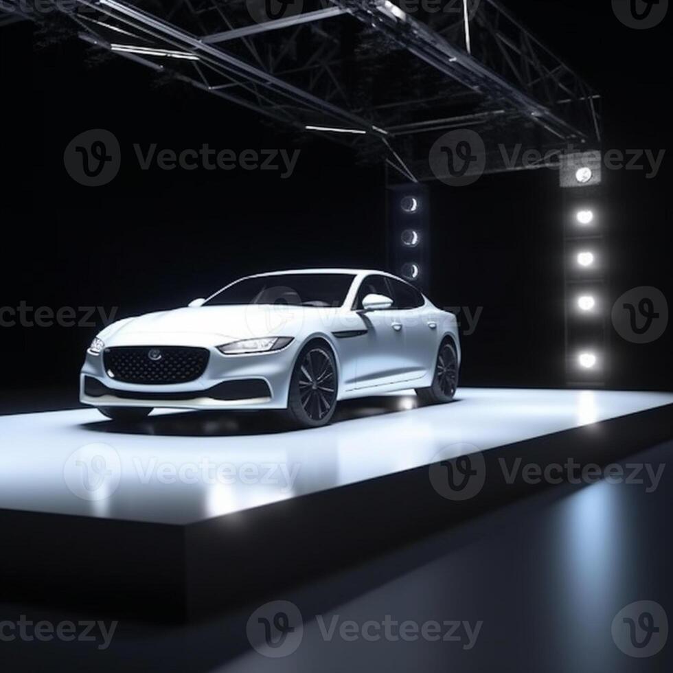 View of a generic and brand less modern car on the presentation stage background photo