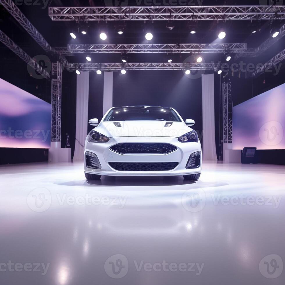 View of a generic and brand less modern car on the presentation stage background photo