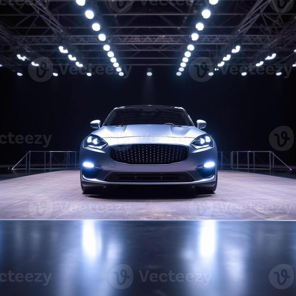 View of a generic and brand less modern car on the presentation stage background photo