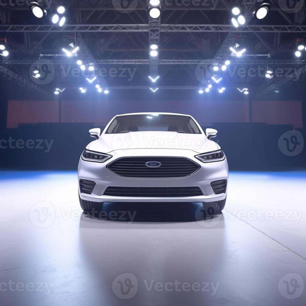 View of a generic and brand less modern car on the presentation stage background photo