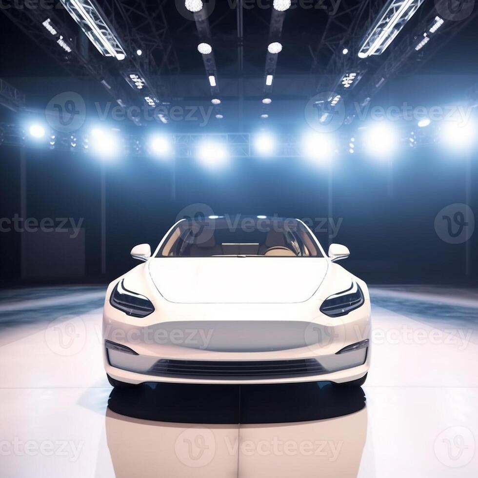View of a generic and brand less modern car on the presentation stage background photo