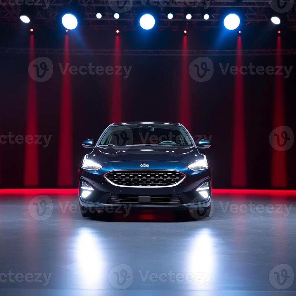 View of a generic and brand less modern car on the presentation stage background photo