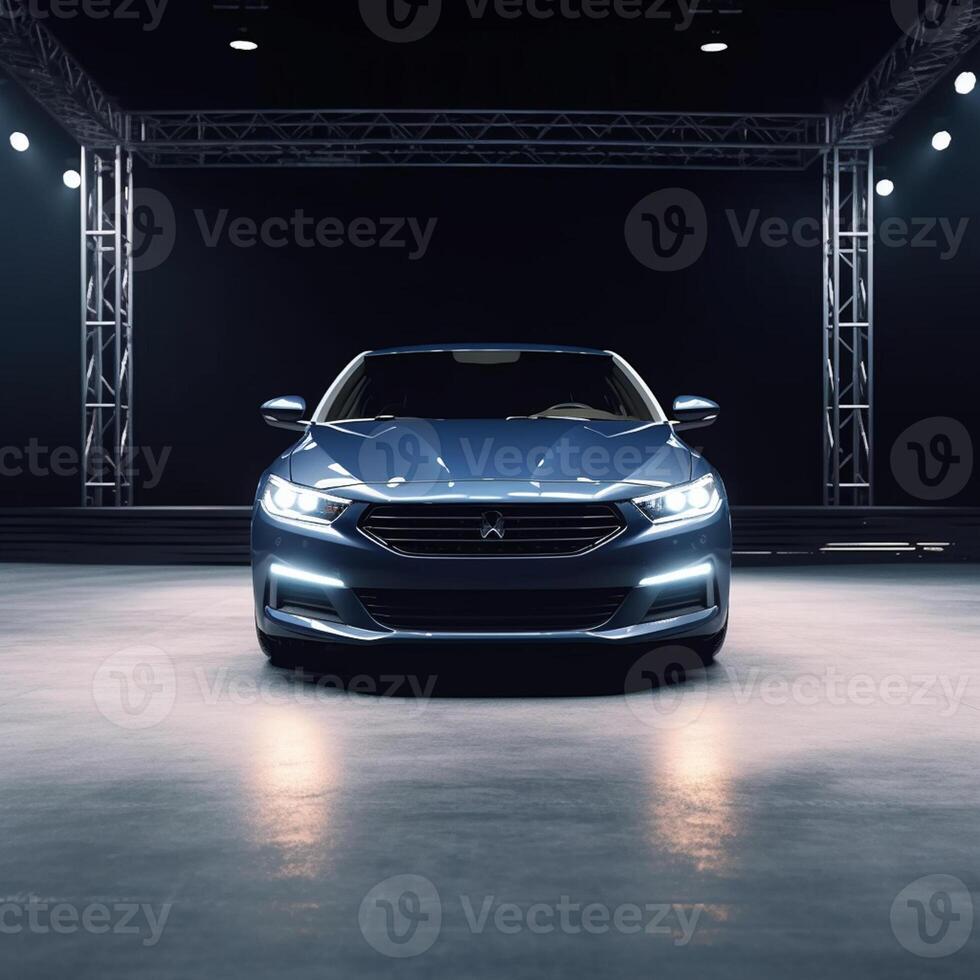 View of a generic and brand less modern car on the presentation stage background photo