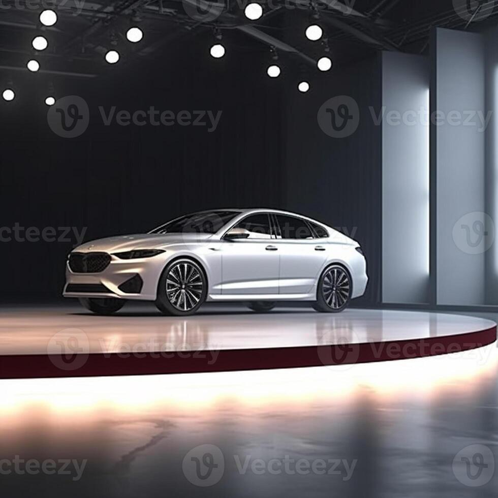 View of a generic and brand less modern car on the presentation stage background photo