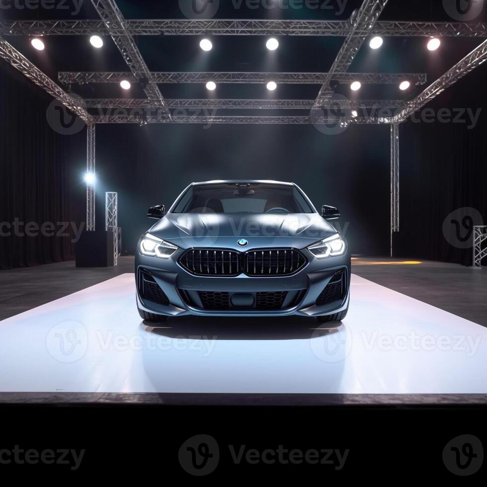 View of a generic and brand less modern car on the presentation stage background photo