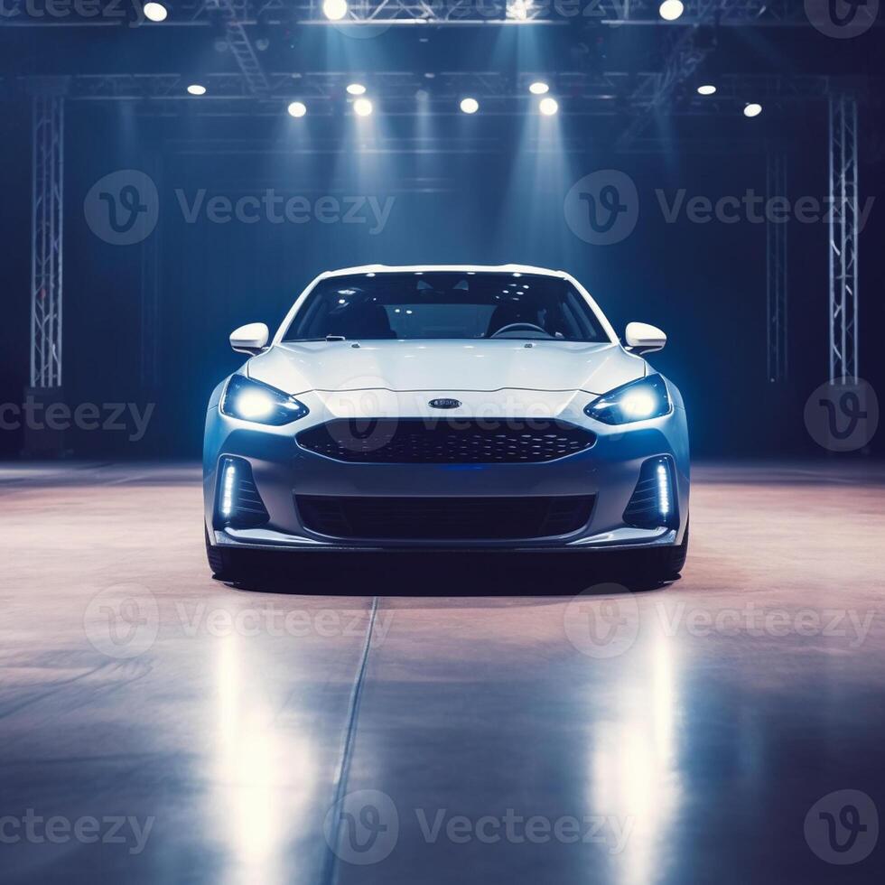 View of a generic and brand less modern car on the presentation stage background photo