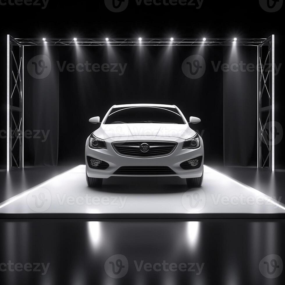 View of a generic and brand less modern car on the presentation stage background photo