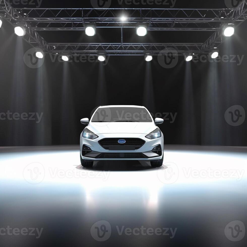 View of a generic and brand less modern car on the presentation stage background photo