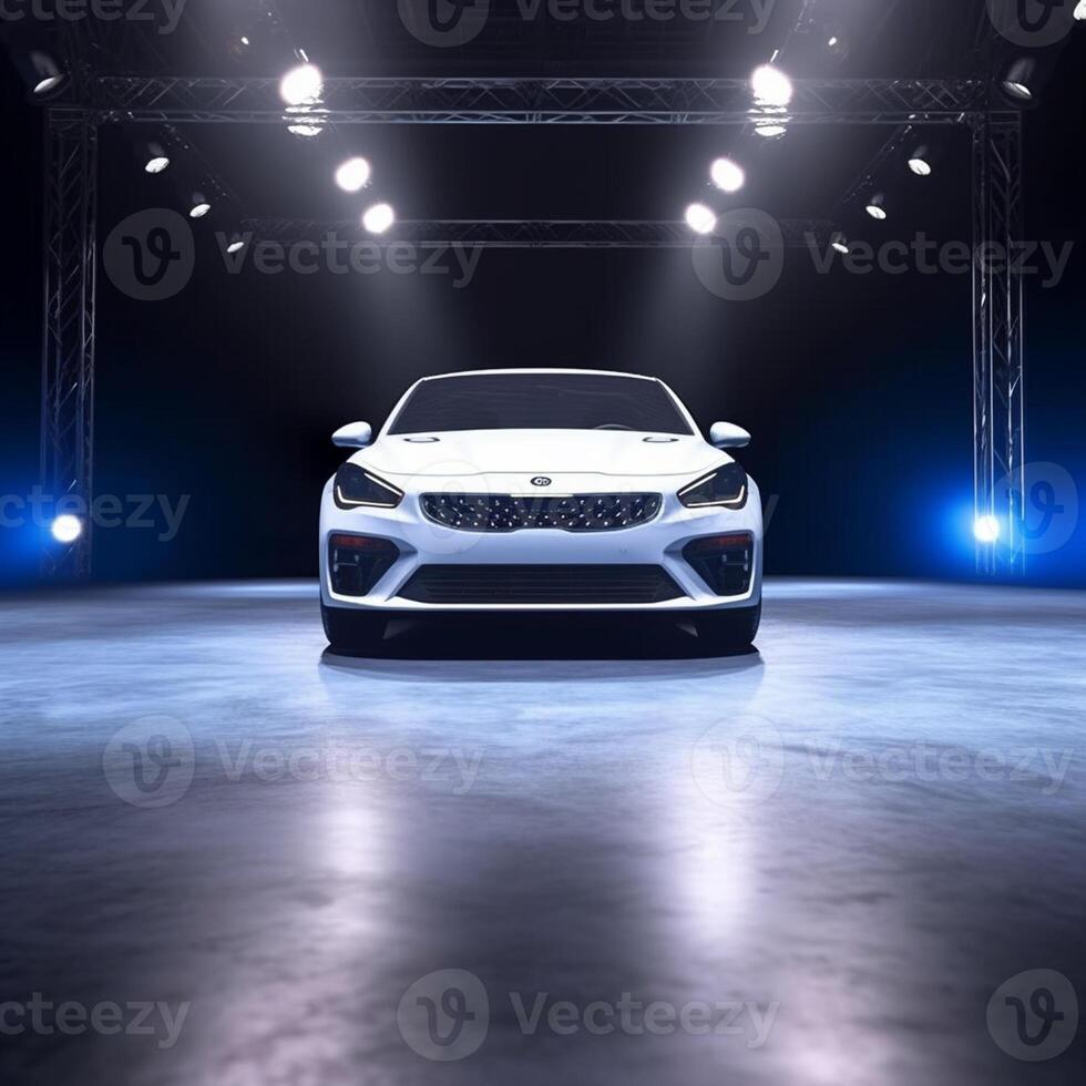 View of a generic and brand less modern car on the presentation stage background photo