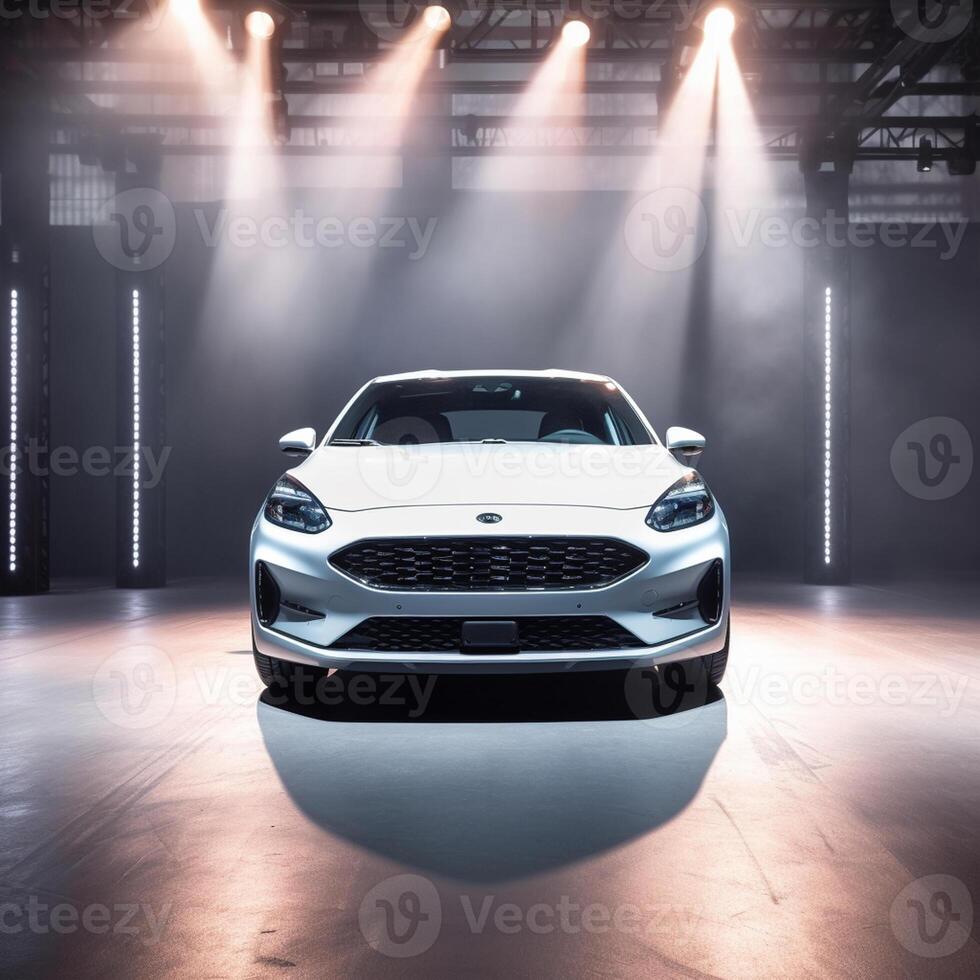 View of a generic and brand less modern car on the presentation stage background photo