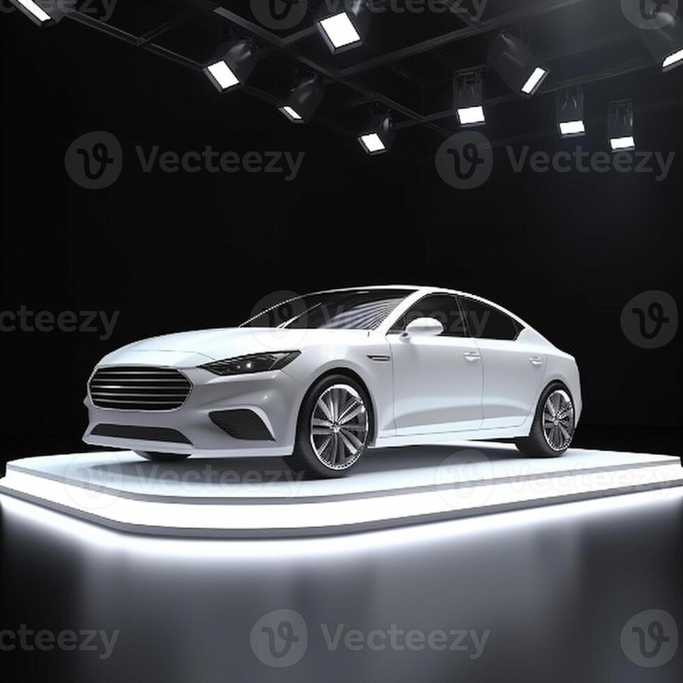 View of a generic and brand less modern car on the presentation stage background photo
