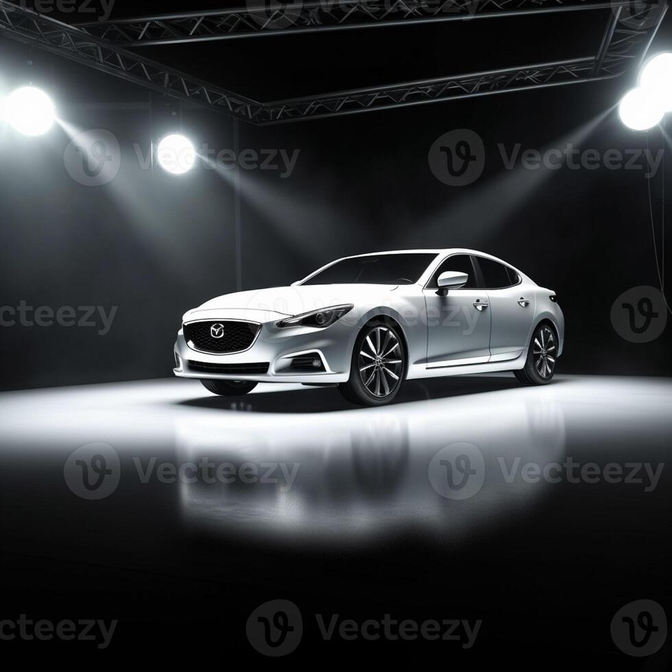 View of a generic and brand less modern car on the presentation stage background photo