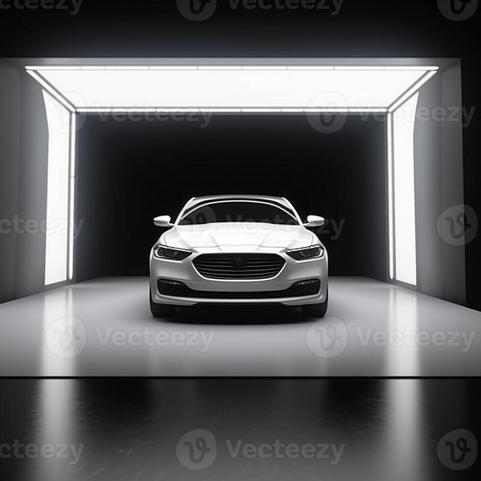View of a generic and brand less modern car on the presentation stage background photo