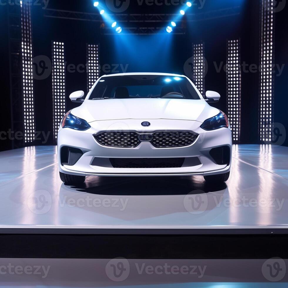 View of a generic and brand less modern car on the presentation stage background photo