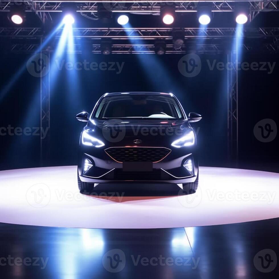 View of a generic and brand less modern car on the presentation stage background photo