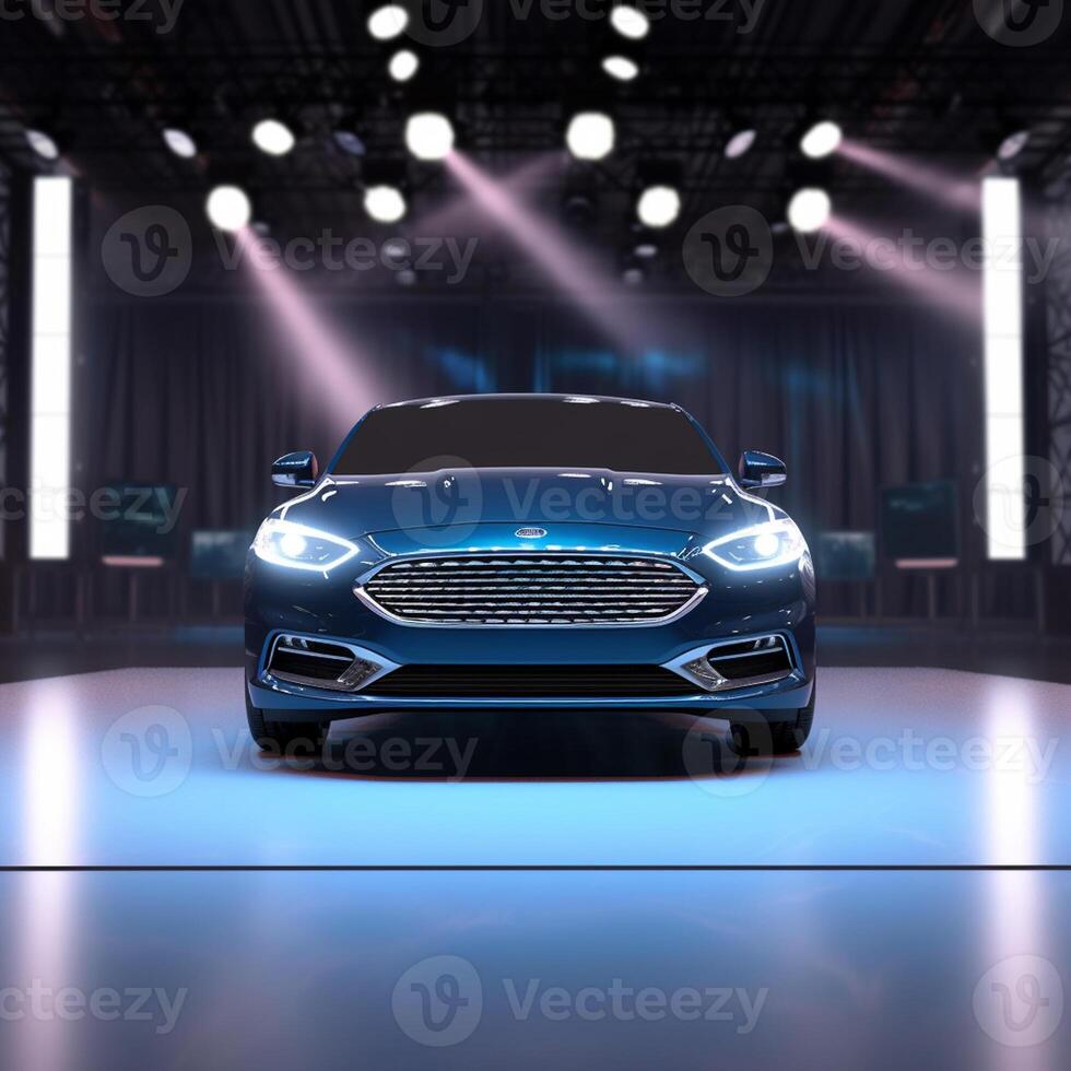 View of a generic and brand less modern car on the presentation stage background photo