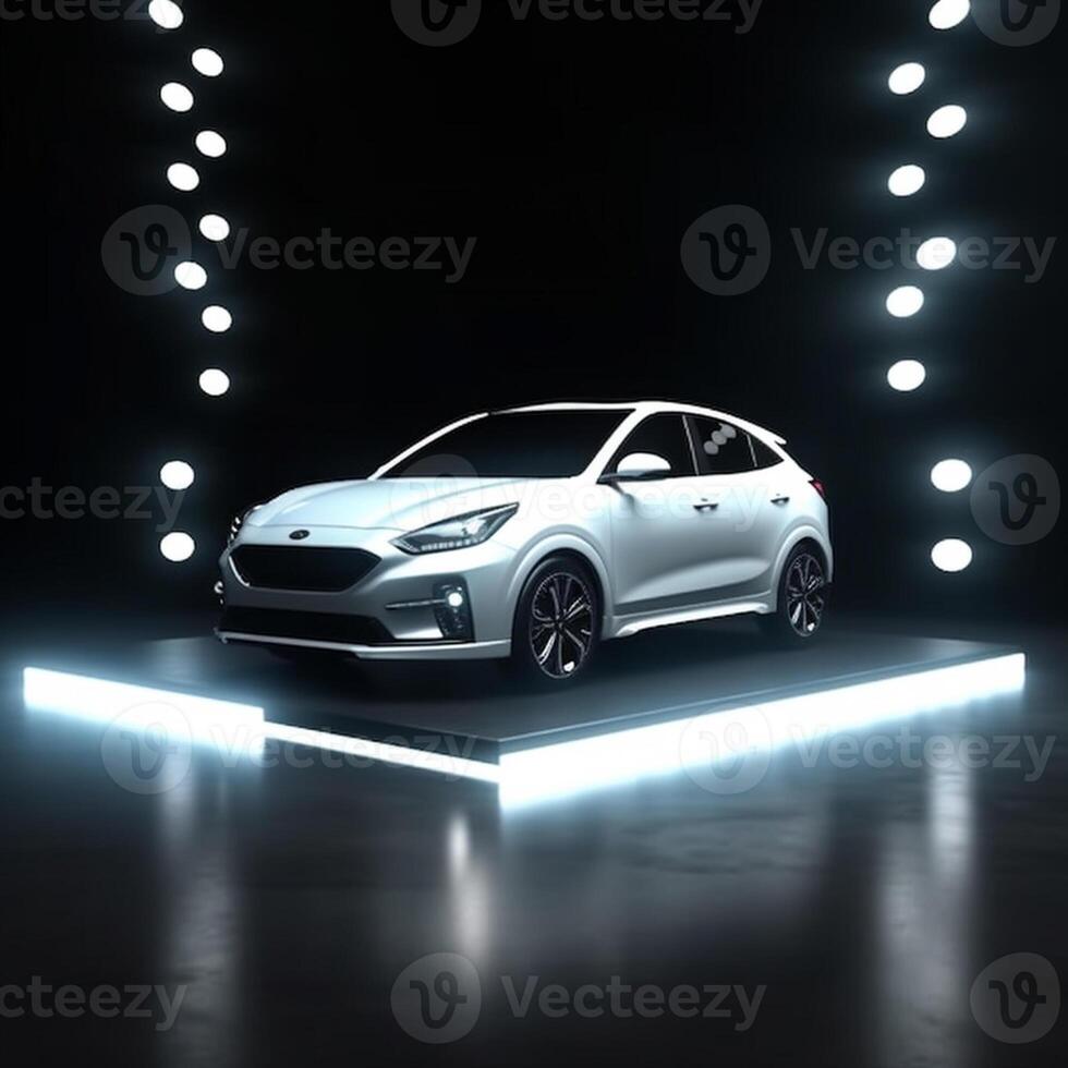 View of a generic and brand less modern car on the presentation stage background photo