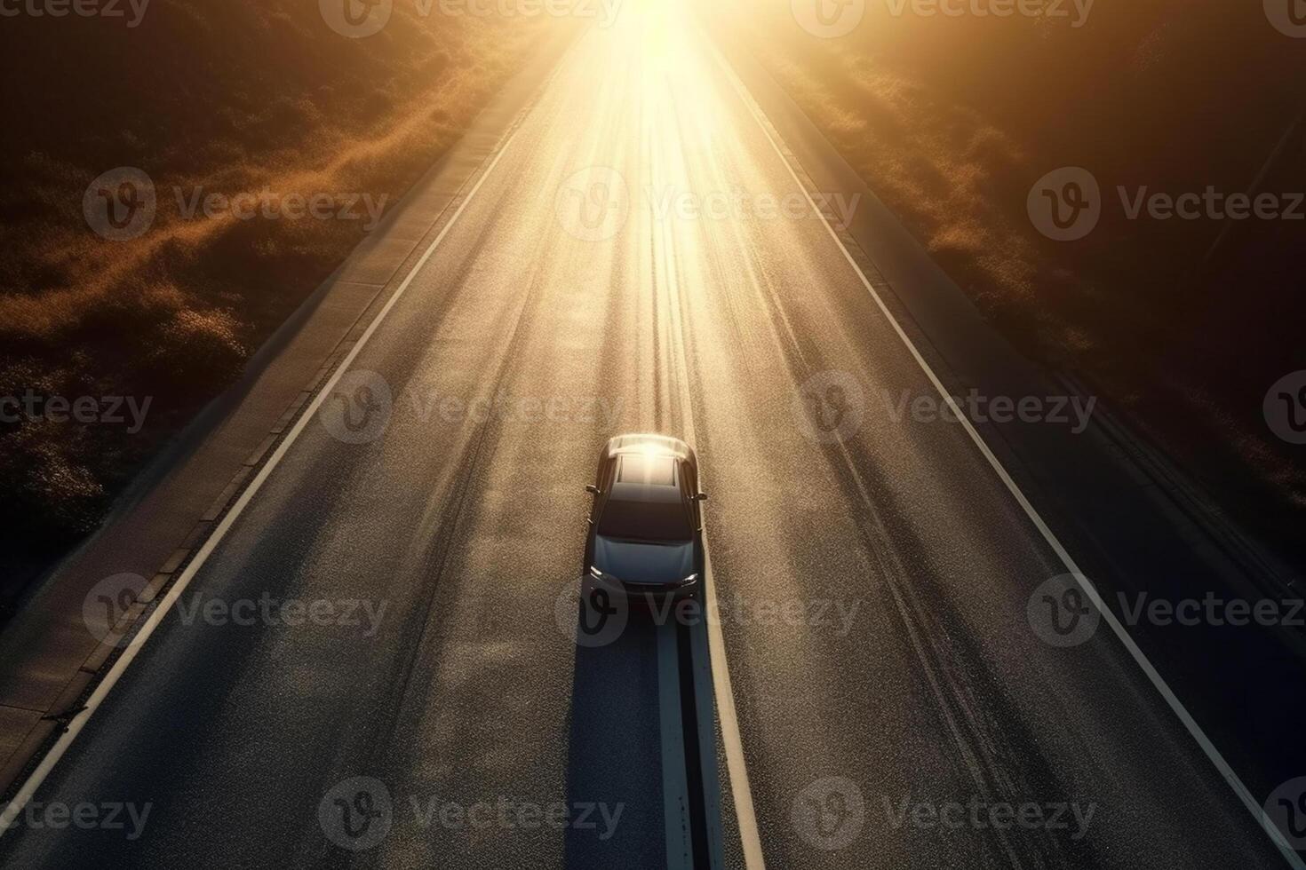 ai generativo aéreo ver de un coche en el la carretera foto