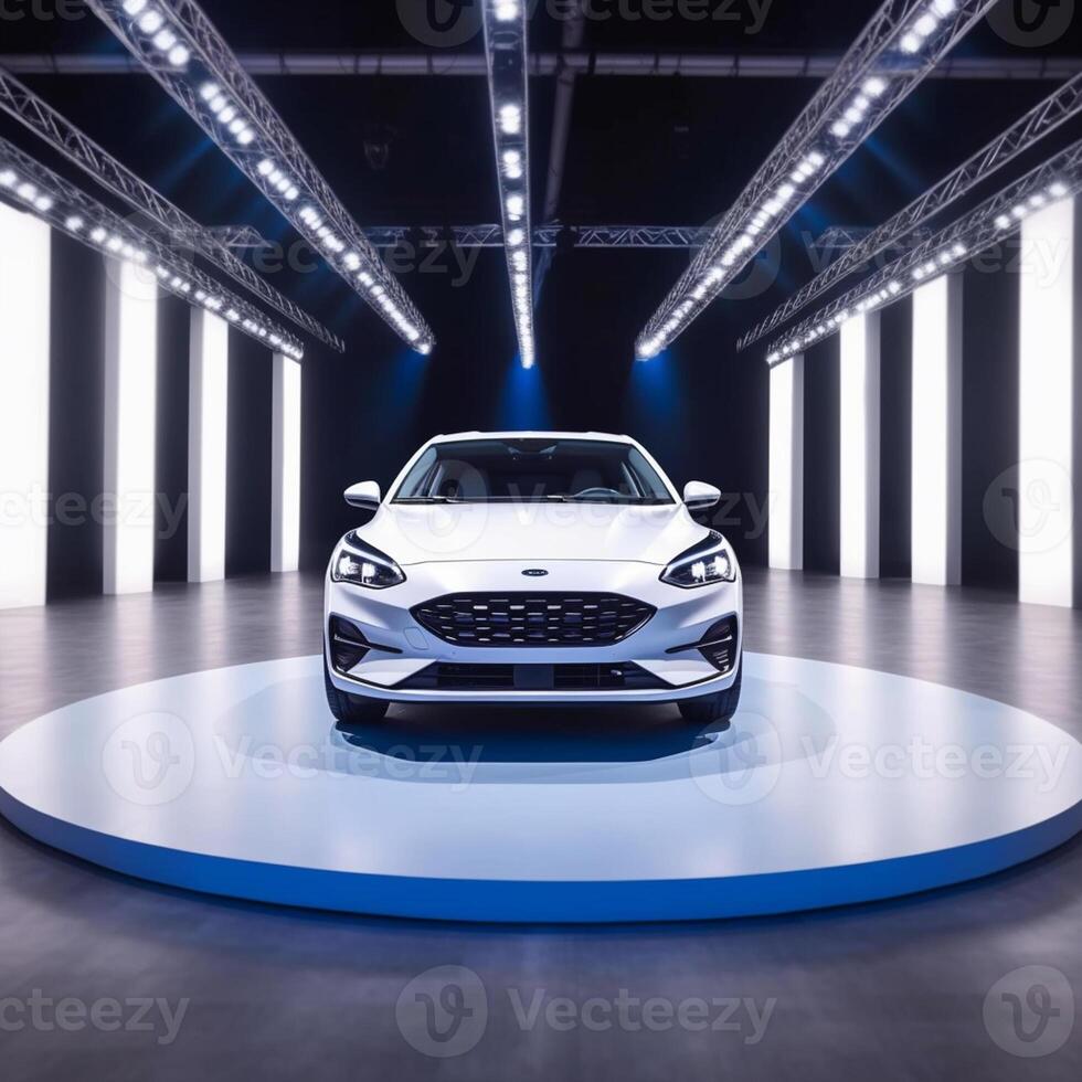 View of a generic and brand less modern car on the presentation stage background photo