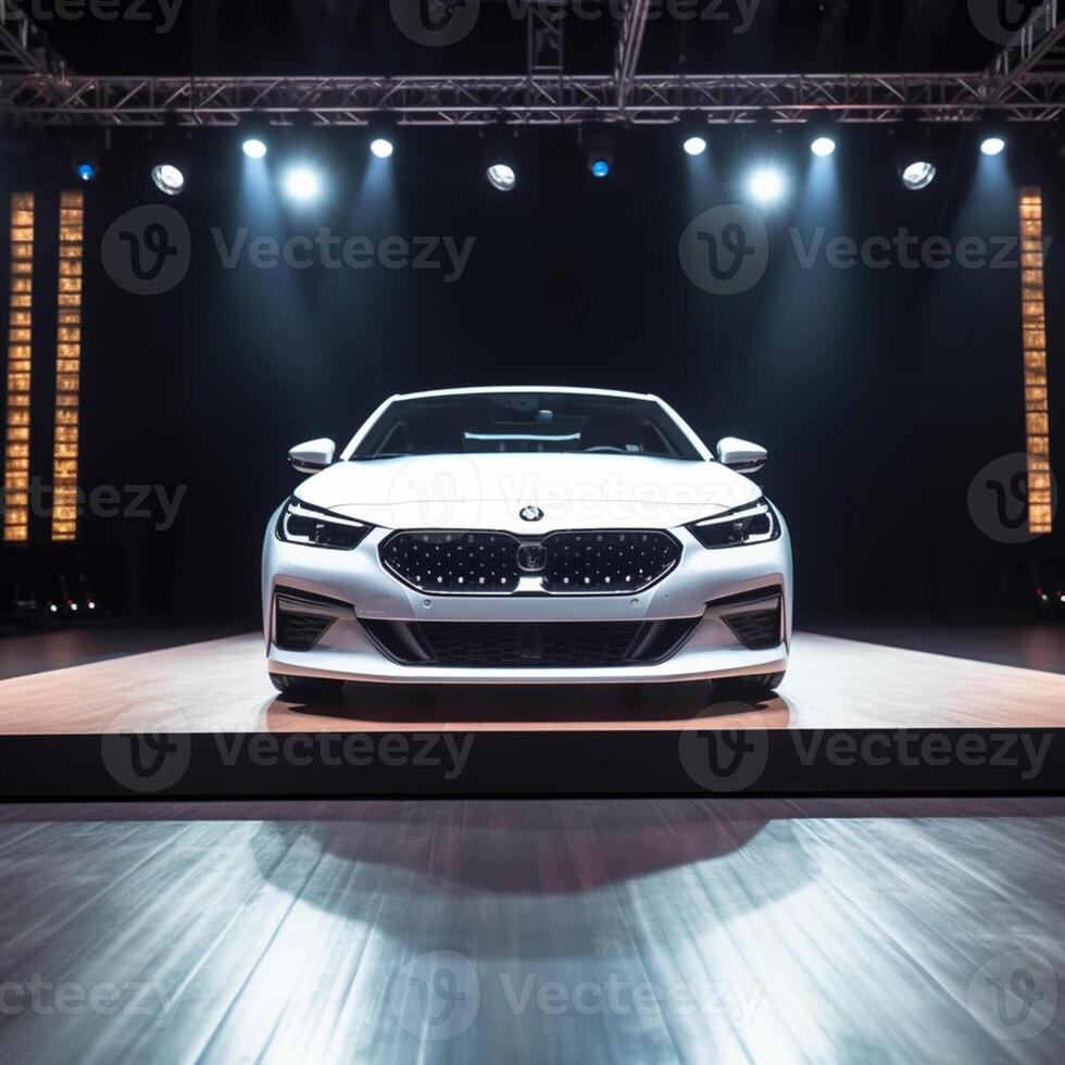 View of a generic and brand less modern car on the presentation stage background photo