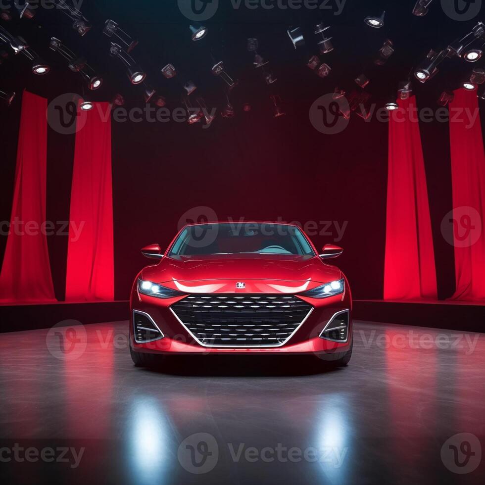 View of a generic and brand less modern car on the presentation stage background photo