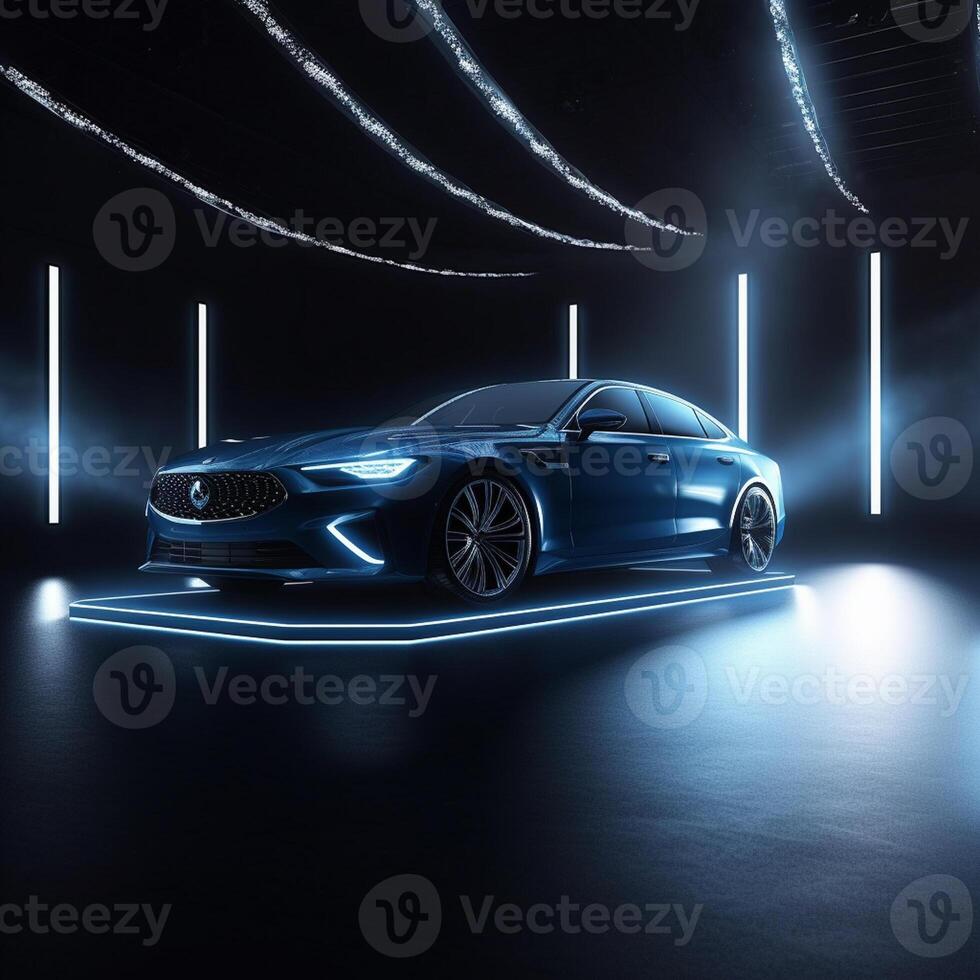 View of a generic and brand less modern car on the presentation stage background photo