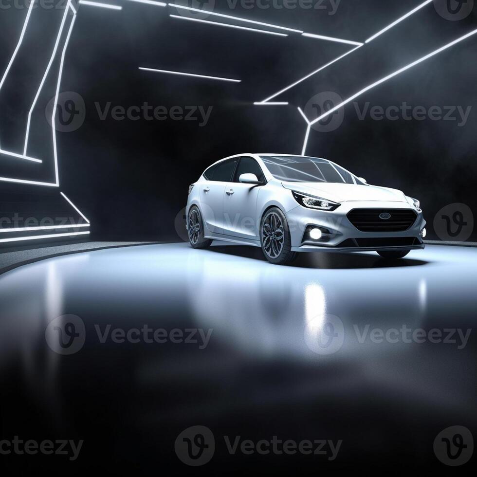 View of a generic and brand less modern car on the presentation stage background photo