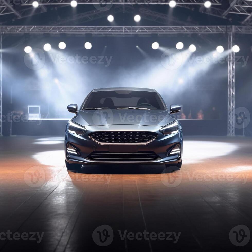 View of a generic and brand less modern car on the presentation stage background photo