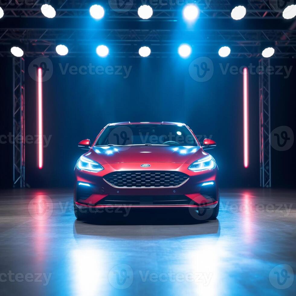 View of a generic and brand less modern car on the presentation stage background photo