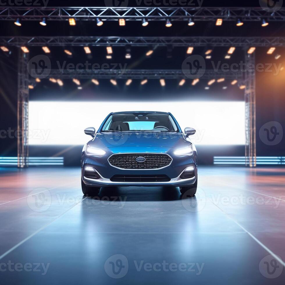 View of a generic and brand less modern car on the presentation stage background photo