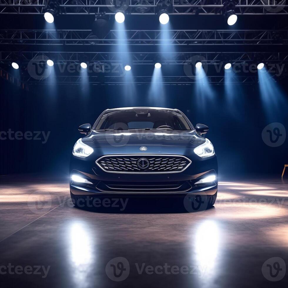 View of a generic and brand less modern car on the presentation stage background photo