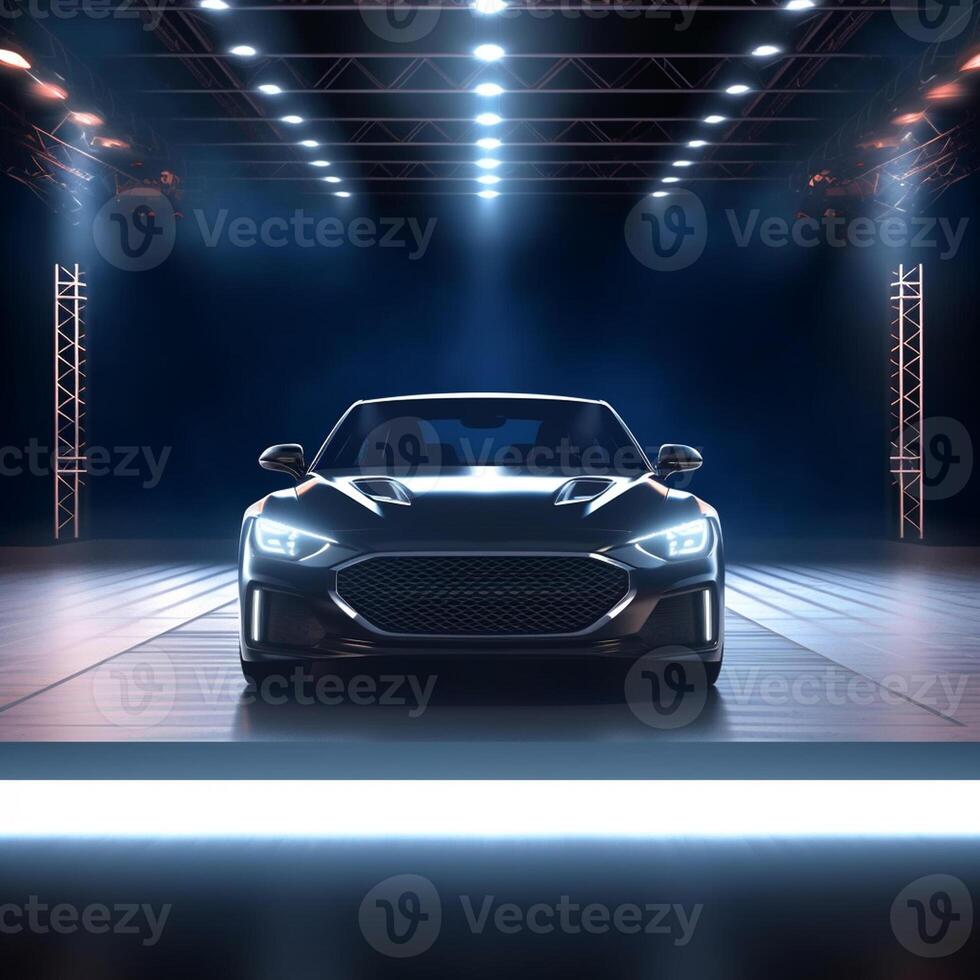 View of a generic and brand less modern car on the presentation stage background photo