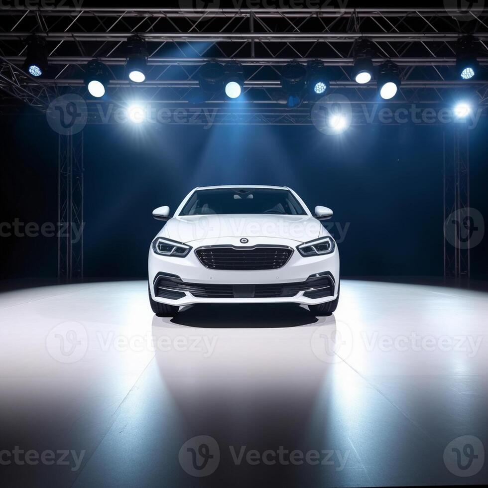 View of a generic and brand less modern car on the presentation stage background photo